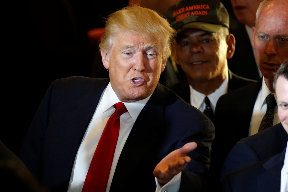 U.S. Republican presidential candidate Donald Trump speaks to a member of the media following a news conference at Trump Tower in the Manhattan borough of N.Y. on May 31, 2016. (Photo by Carlo Allegri/Reuters)