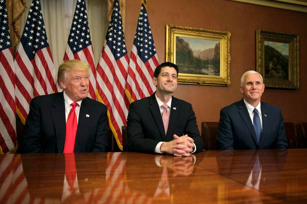 U.S. President-elect Donald Trump (L) meets with Speaker of the House Paul Ryan (R-WI) (C) and Vice-President elect Mike Pence on Capitol Hill in Washington, D.C., on Nov. 10, 2016. (Photo by Joshua Roberts/Reuters)