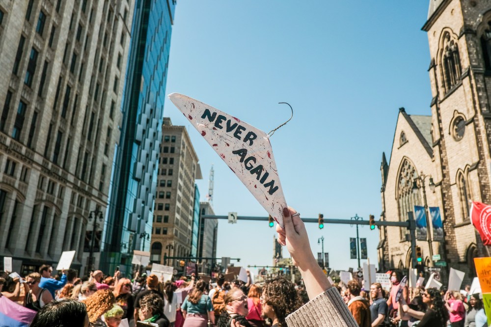 Pro-choice activists march to protest a leaked document that showed that the U.S Supreme Court was prepared to overturn Roe v. Wade in Detroit, Mich. on May 7, 2022.
