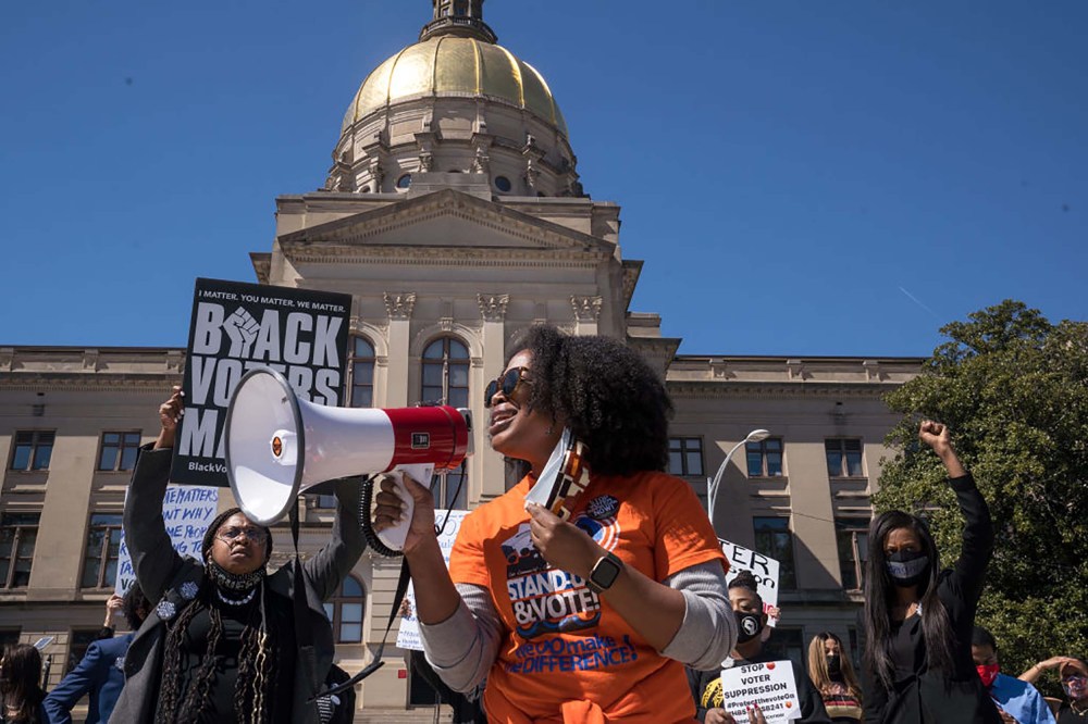 Demonstrators protest outside of the Capitol building in opposition of House Bill 531 on March 8, 2021 in Atlanta, GA.