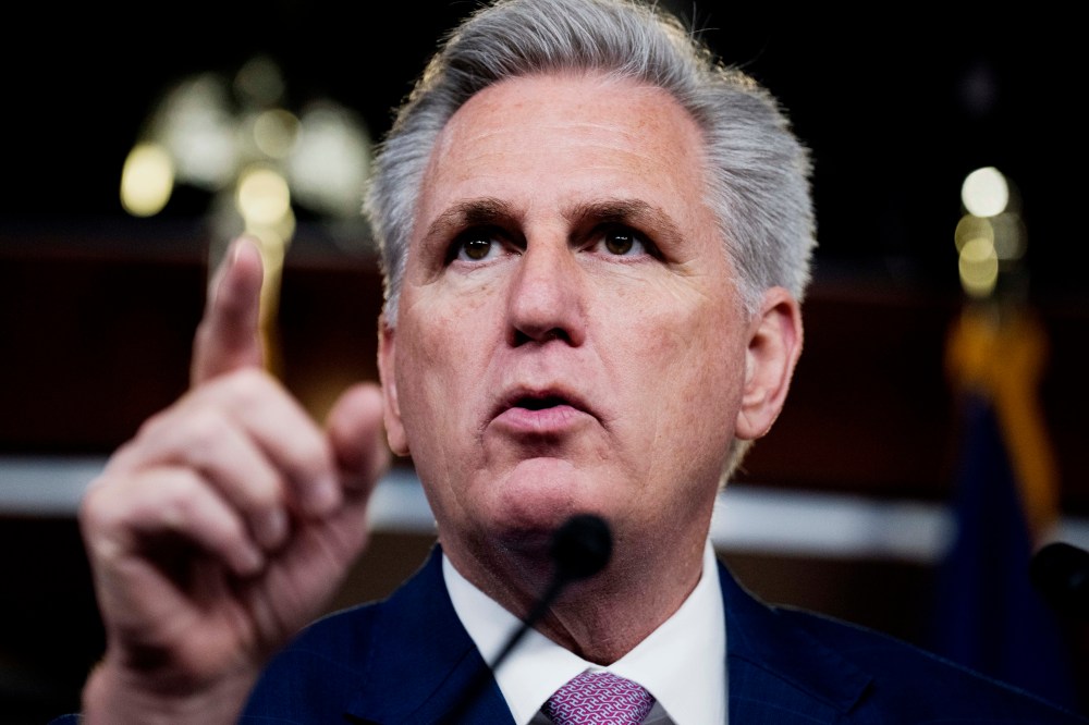 House Minority Leader Kevin McCarthy conducts his weekly news conference in the U.S. Capitol Visitor Center on March 18.