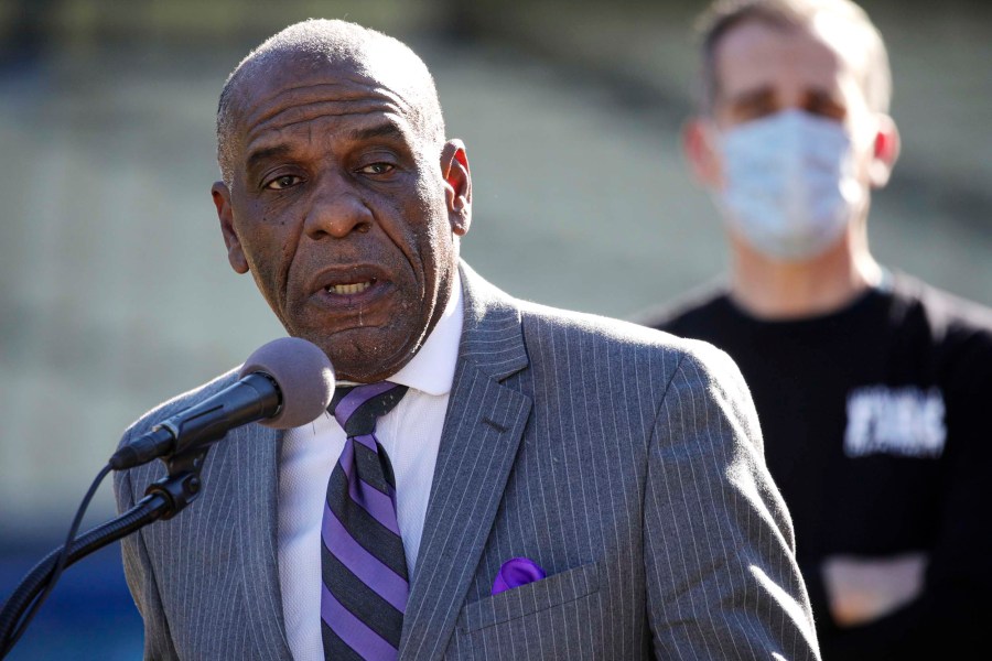 Sen. Steven Bradford addresses a press conference at Dodger Stadium in Los Angeles, Cali. on Jan. 15, 2021.
