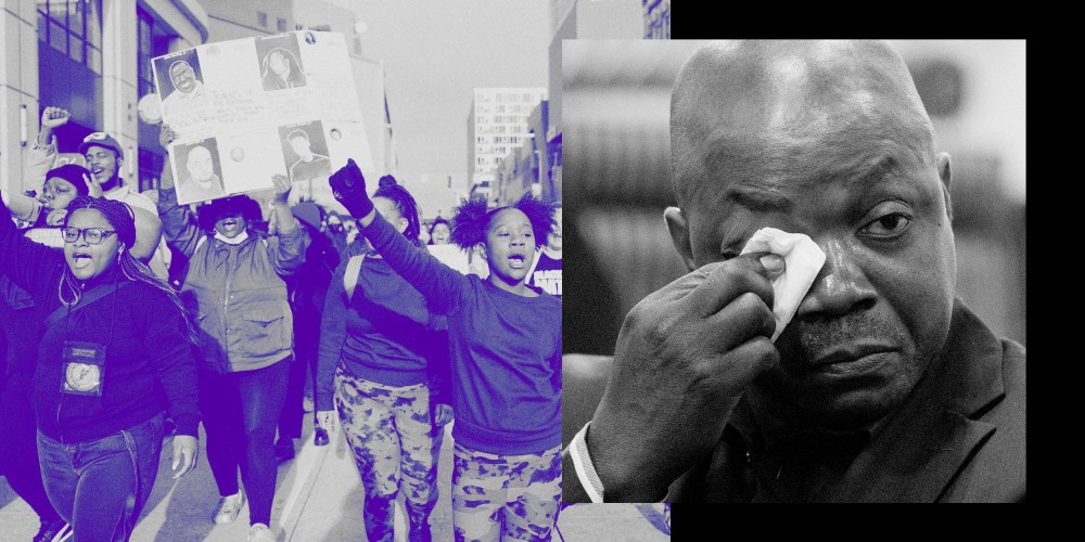 Photo Illustration: Activists protesting the death of Patrick Lyoya, and Lyoya's father