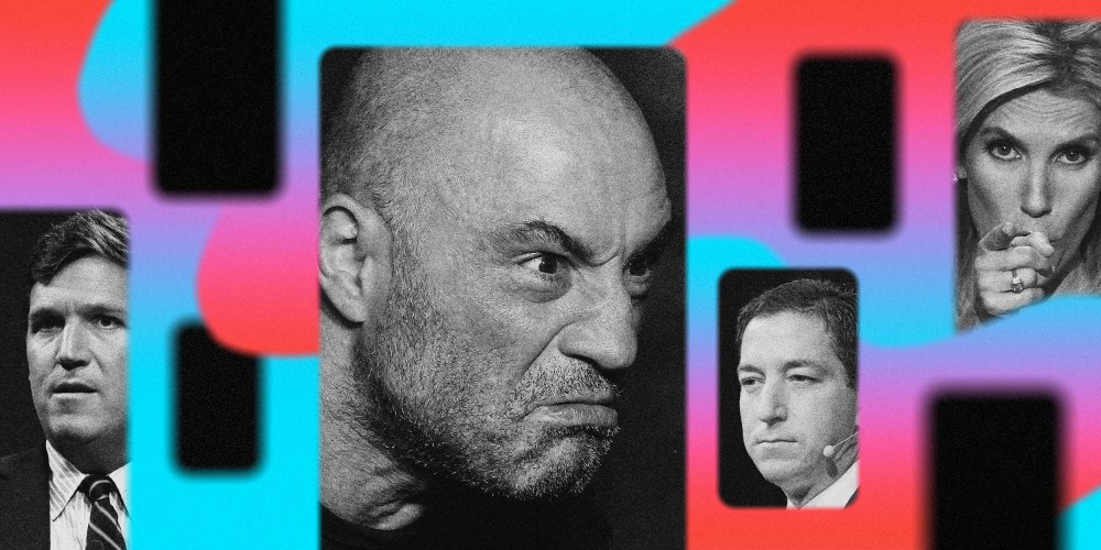 Photo illustration of Tucker Carlson, Joe Rogan, Glenn Greenwald and Laura Ingraham in TikTok rectangles.