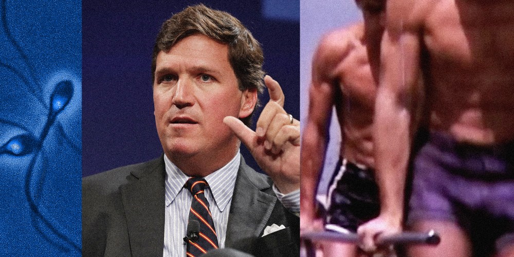 Photo collage: Image of human sperm cells, Tucker Carlson and a screen grab showing two men cycling.