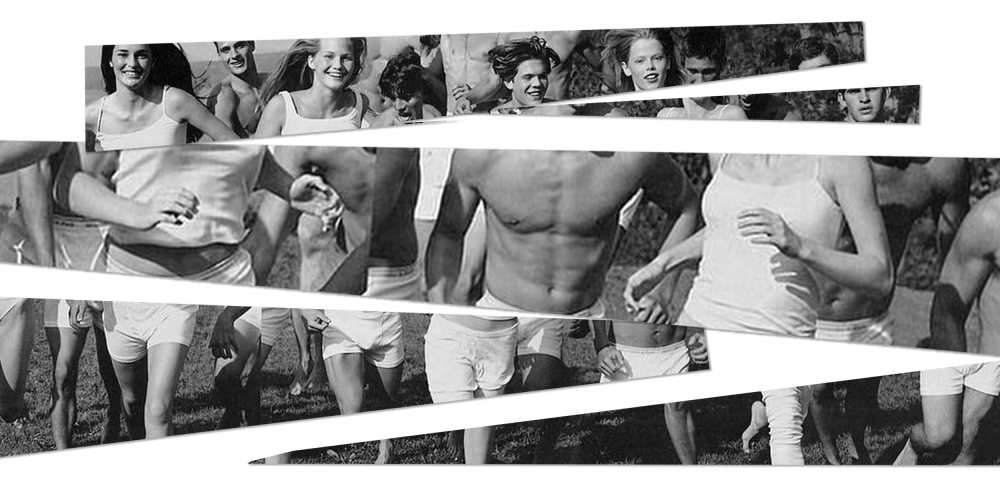 Photo illustration: Slices of an image showing male and female models in black and white.