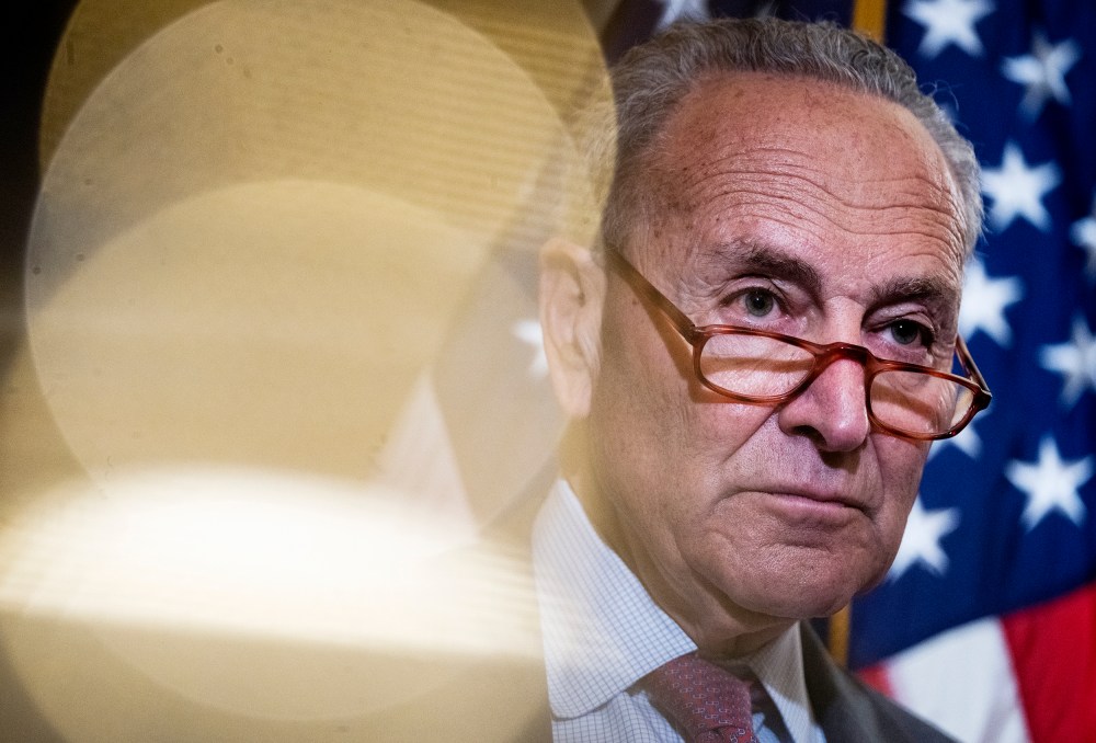 Senate Majority Leader Chuck Schumer conducts a news conference after senate luncheons in the U.S. Capitol on May 24.