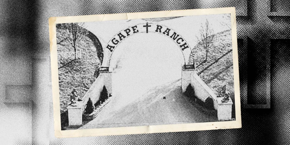 Photo illustration of the entrance to the Agape Ranch and silhouettes of crosses.