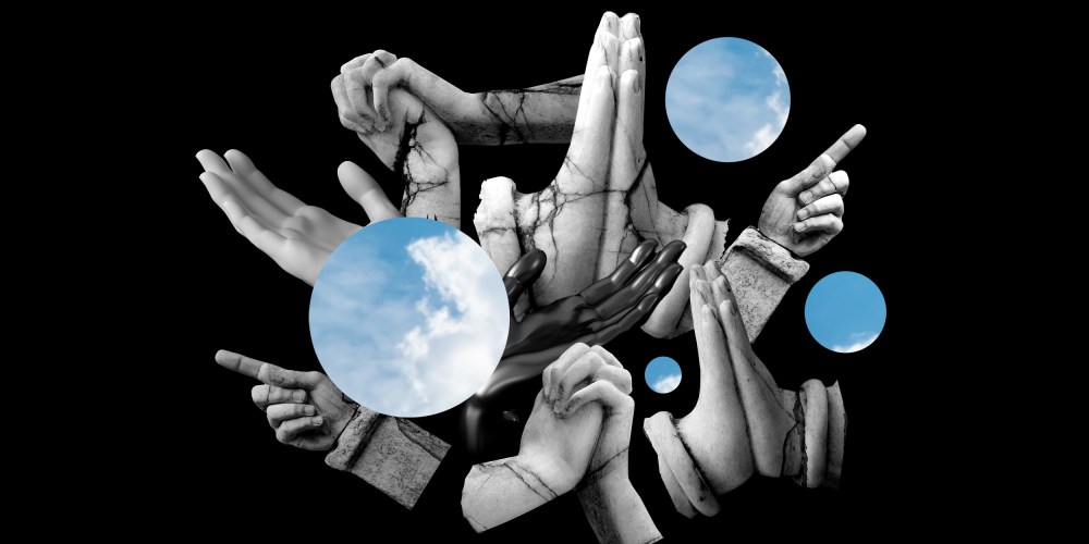 Photo illustration: Fractures and broken pieces of statues of folded and praying hands coming together with small windows showing parts of the sky.