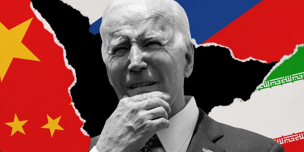 Photo illustration: Joe Biden surrounded by torn paper pieces with the Chinese, Russian and Iranian flags on three sides.