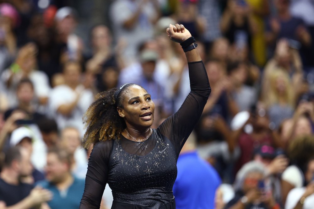 Serena Williams celebrates after defeating Danka Kovinic of Montenegro in a first round match at the U.S. Open on Aug. 29, 2022.