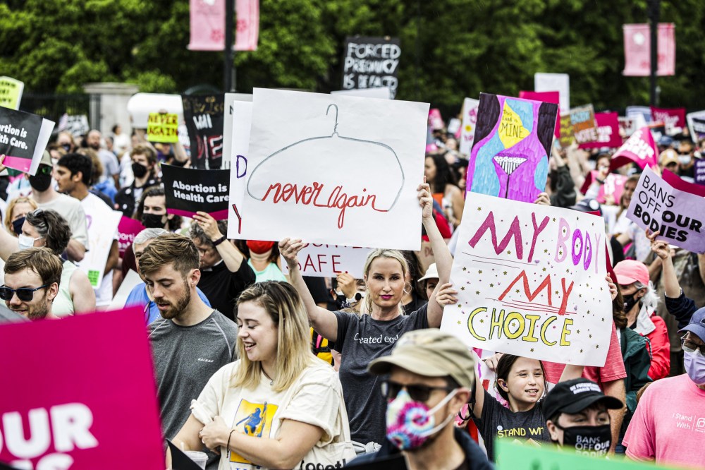 Abortion rights demonstrators and advocates march during the "Bans Off Our Bodies" rally from the National Mall to the Supreme Court in Washington on May 14, 2022.