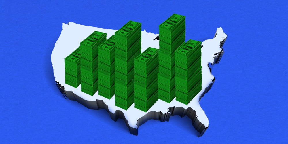 Photo illustration: Heaps of money piling over a map of United States.