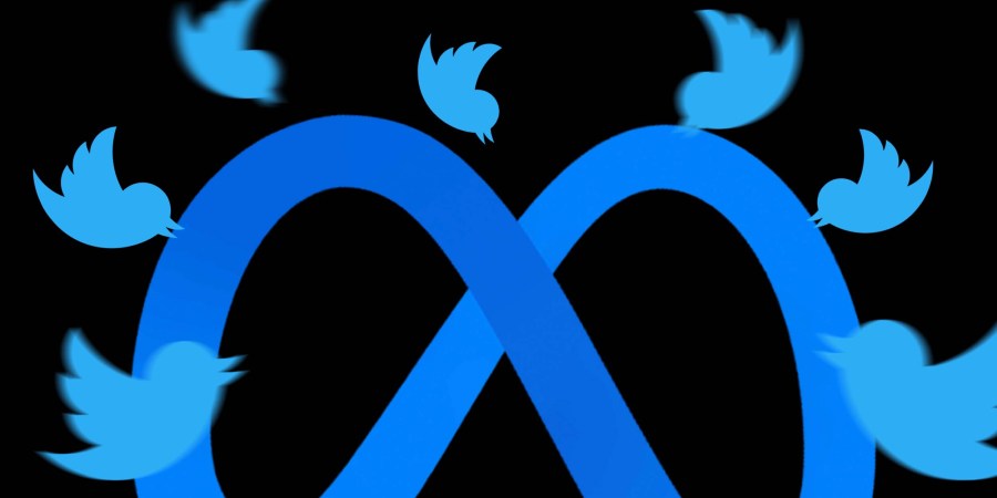 Photo Illustration: Multiple Twitter logo birds attacking the Meta logo
