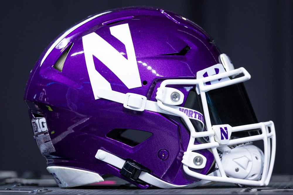 A Northwestern Wildcats helmet is seen at Big Ten football media days at Lucas Oil Stadium on July 26, 2023 in Indianapolis, Indiana.