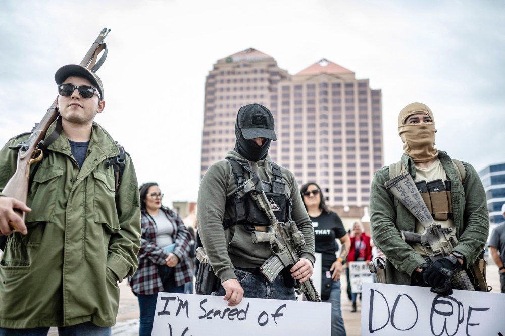 People protest Gov. Michelle Lujan Grisham's recent public health order suspending the conceal and open carry of guns in and around Albuquerque for 30 days on Sept. 12, 2023.