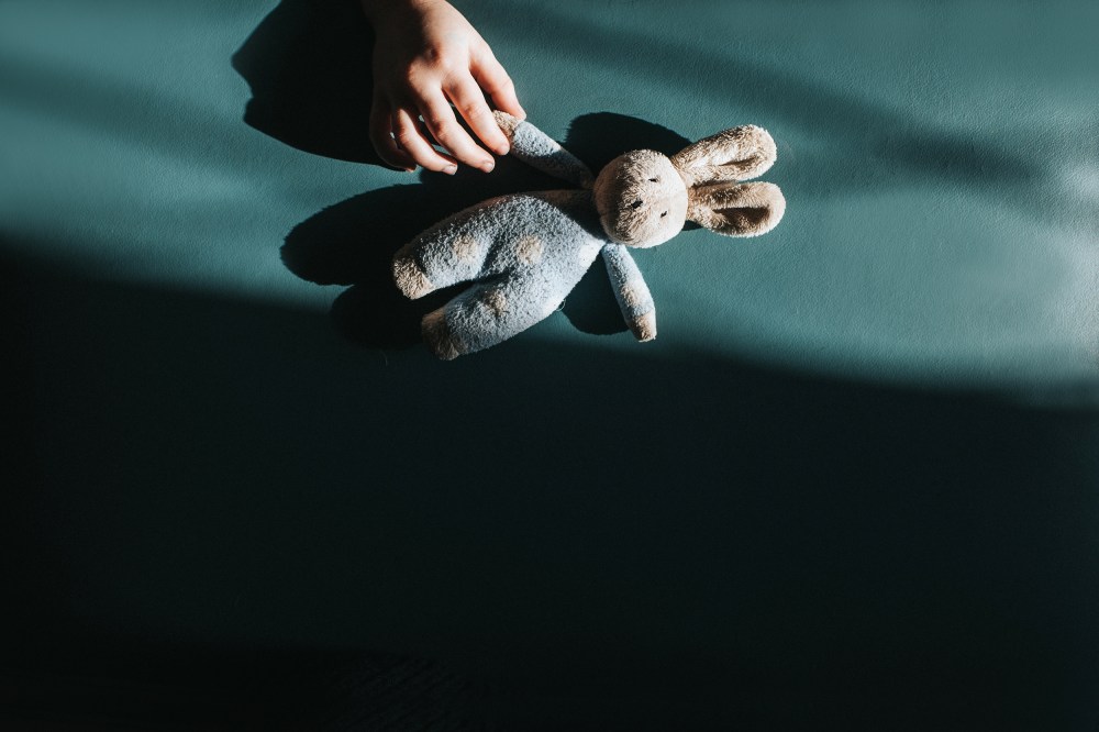 Child's hand reaches for a Small Toy Bunny