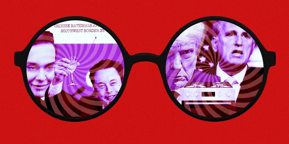 Glasses with swirls over images of George Santos, Trump, Kevin McCarthy, Elon Musk, and an Oven