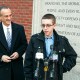 Middle schooler Liam Morrison speaks outside of the U.S. Court of Appeals for the First Circuit in Boston on Thursday morning, Feb. 8, 2024. His attorney, David Cortman, looks on.
