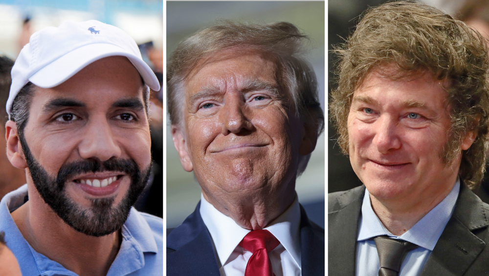 From left, President Nayib Bukele, Former President Donald Trump and President Javier Milei