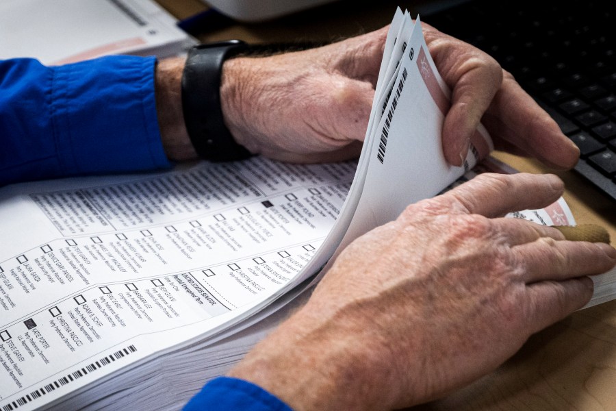 A worker organizes a stack of mail-in ballots.