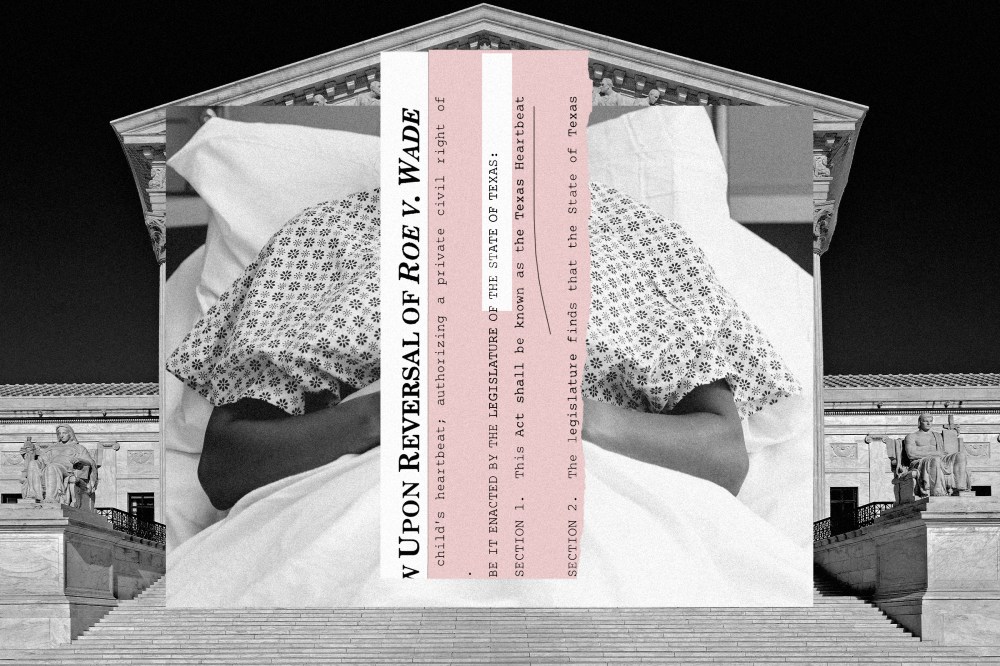 Photo collage of woman in hospital bed against image of Supreme Court. Text overlay that reads "upon reversal of Roe v. Wade"