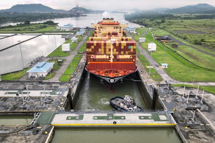 A container ship transits the Panama Canal.