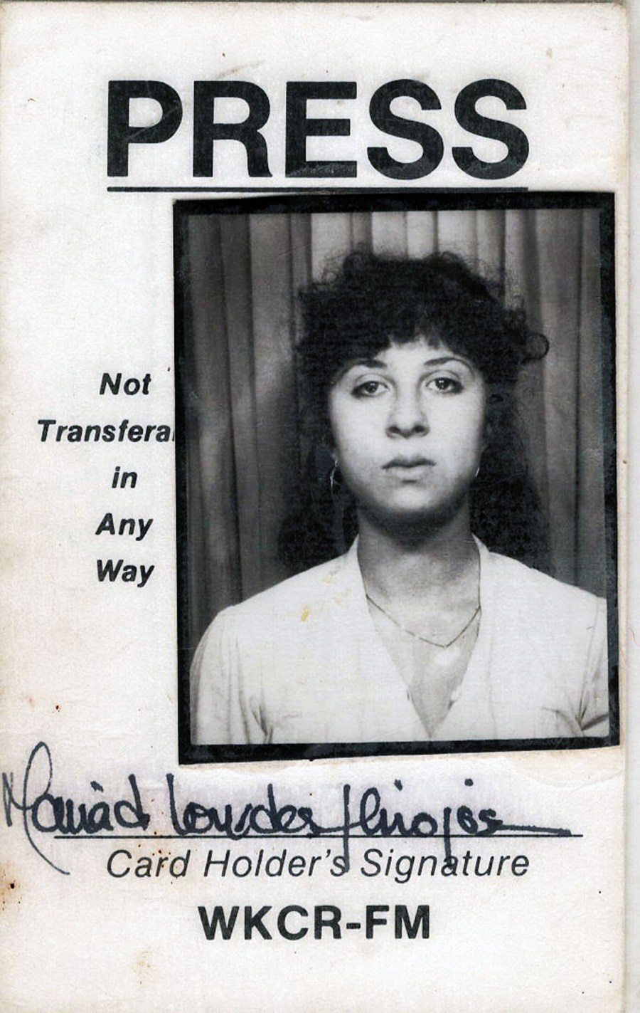 Maria Hinojosa's WKCR-FM press pass.
