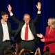 Australia's Prime Minister Anthony Albanese celebrates with his partner Jodie Haydon and son Nathan Albanese