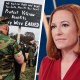 A split composite image of James Parker at a veterans' march holding a sign that reads "We kept our oath and kept you safe, now it's your turn! Protect veteran benefits, they were earned", left, and Jen Psaki.