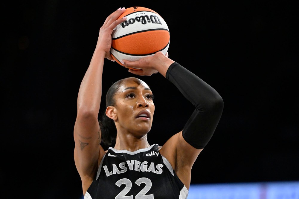 A'ja Wilson of the Las Vegas Aces prepares for a free throw against the Phoenix Mercury on May 6, 2025.