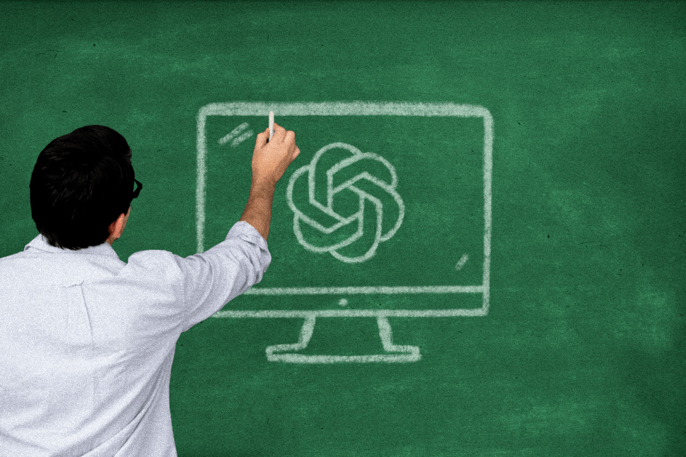 Teacher looking at a chalkboard, drawing a computer with the Chat GPT logo in chalk.
