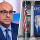 Ali Velshi; a banner showing an image of President Donald Trump hangs on the side of a U.S. Department of Agriculture building.