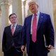 President Donald Trump and House Speaker Mike Johnson arrive for a House Republican caucus meeting on Tuesday, May 20, 2025.
