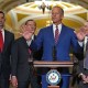 Senate Majority Leader John Thune is joined by, from left, Republican Sens. Tom Cotton and John Barrasso and Rep. James Lankford, R-Okla., at the Capitol on May 13, 2025.