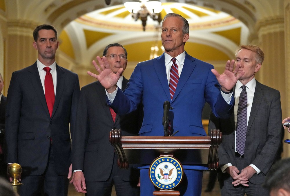 Senate Majority Leader John Thune is joined by, from left, Republican Sens. Tom Cotton and John Barrasso and Rep. James Lankford, R-Okla., at the Capitol on May 13, 2025.