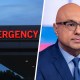 A side by side of an emergency room sigh and Ali Velshi