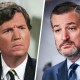 A split composite image of Tucker Carlson, left, and Ted Cruz