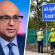 A split composite image of Ali Velshi, left, and a sign being installed for Alligator Alcatraz