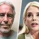 A split composite image of Jeffrey Epstein, left, and Pam Bondi