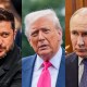 A split composite of Volodymyr Zelensky, Donald Trump and Vladimir Putin.