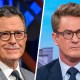 A split composite of Stephen Colbert and Joe Scarborough.