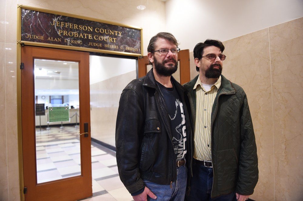 Couple Greg Mullins, left, and Josh Laning, right, both of Birmingham, stand outside the Jefferson County Courthouse Probate office in Birmingham, Ala., on Jan. 26, 2015, after going trying to get a marriage license. (Photo by Tamika Moore/AL.com/Landov)