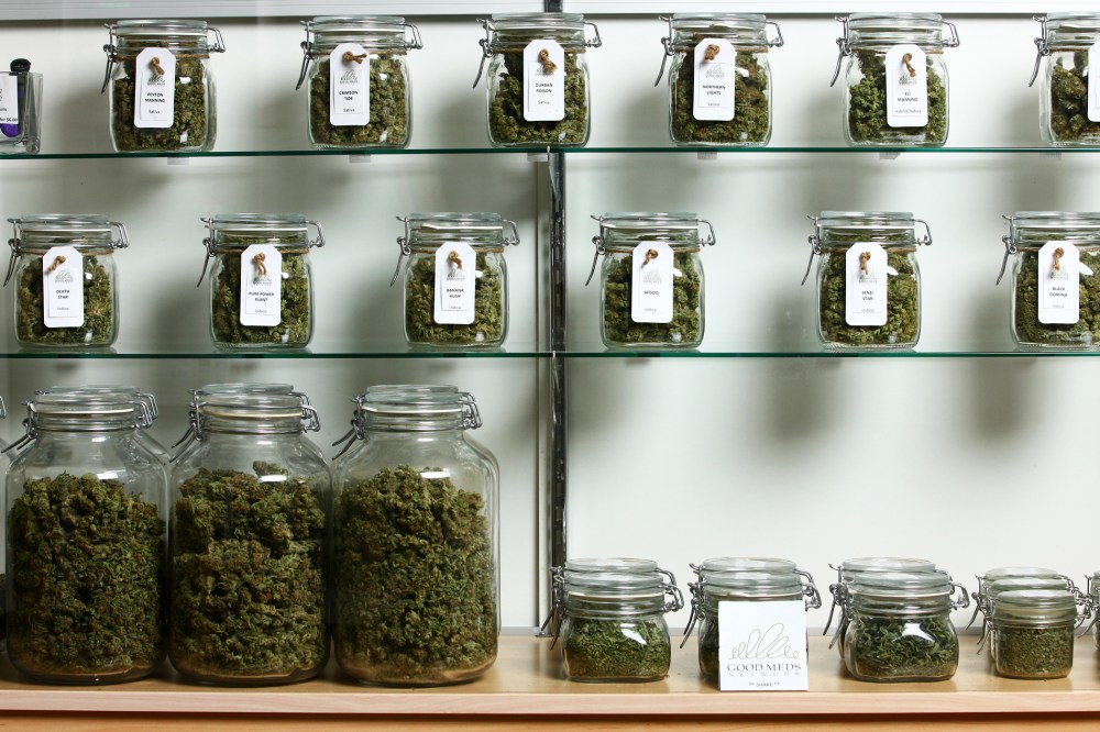 Jars of medical cannabis line the shelves inside a Good Meds medical cannabis center in Lakewood, Colo., U.S., on Monday, March 4, 2013. (Photo by Matthew Staver/For The Washington Post/Getty)