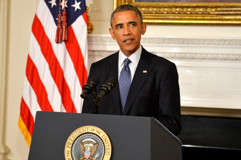 U.S. President Barack Obama addresses the nation from the State Dining Room of the White House on August 7, 2014 in Washington, DC.