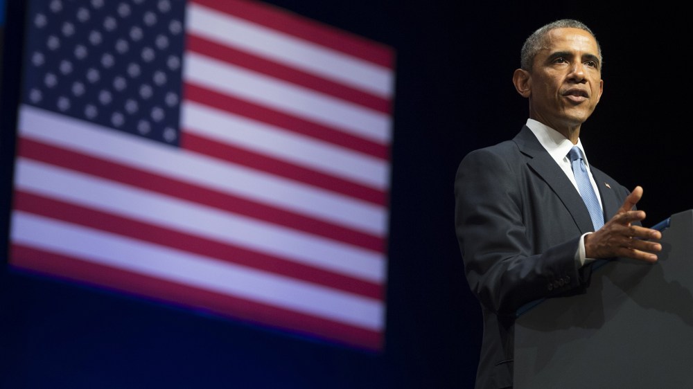 US President Barack Obama delivers a speech in Tallinn, Estonia, Sept. 3, 2014.