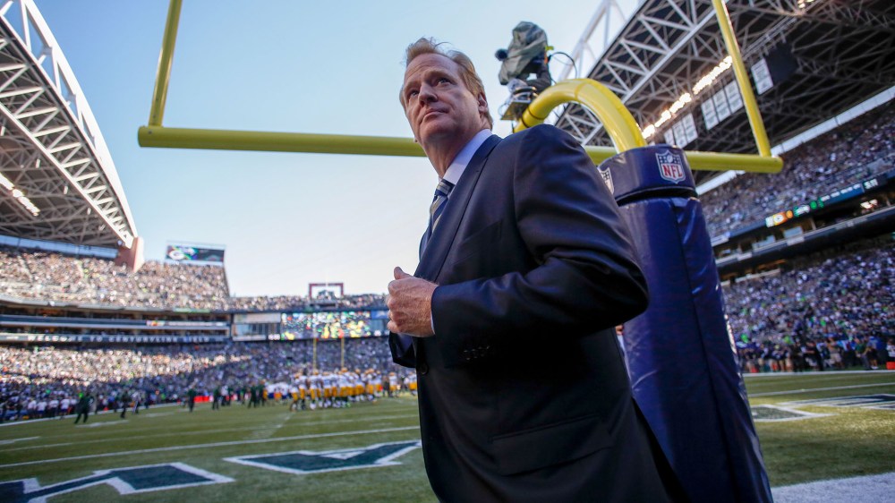 NFL commissioner Roger Goodell walks the sidelines prior to the game between the Seattle Seahawks and the Green Bay Packers at CenturyLink Field on September 4, 2014 in Seattle, Washington. Photo by Otto Greule Jr/Getty.