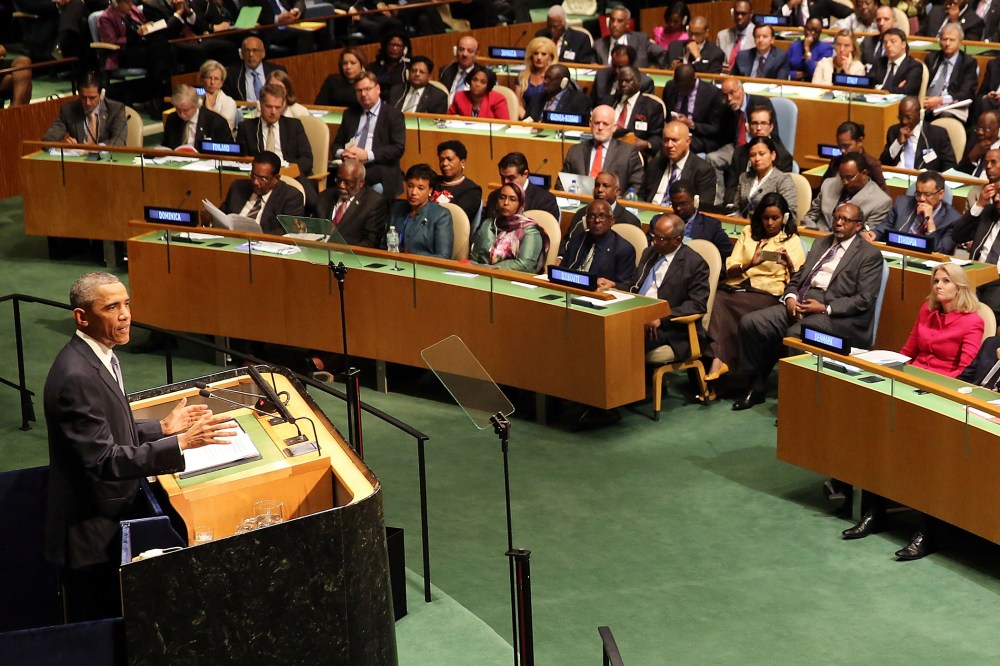 President Barack Obama speaks at the 69th Session of the United Nations General Assembly at United Nations Headquarters on September 24, 2014 in New York City.