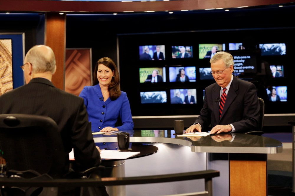 Minority Leader U.S. Sen. Mitch McConnell (R) and Kentucky Secretary of State Alison Lundergan Grimes (D) rehearse before their debate on October 13, 2014 in Lexington, Ky. (Photo by Pablo Alcala/Pool/Getty)