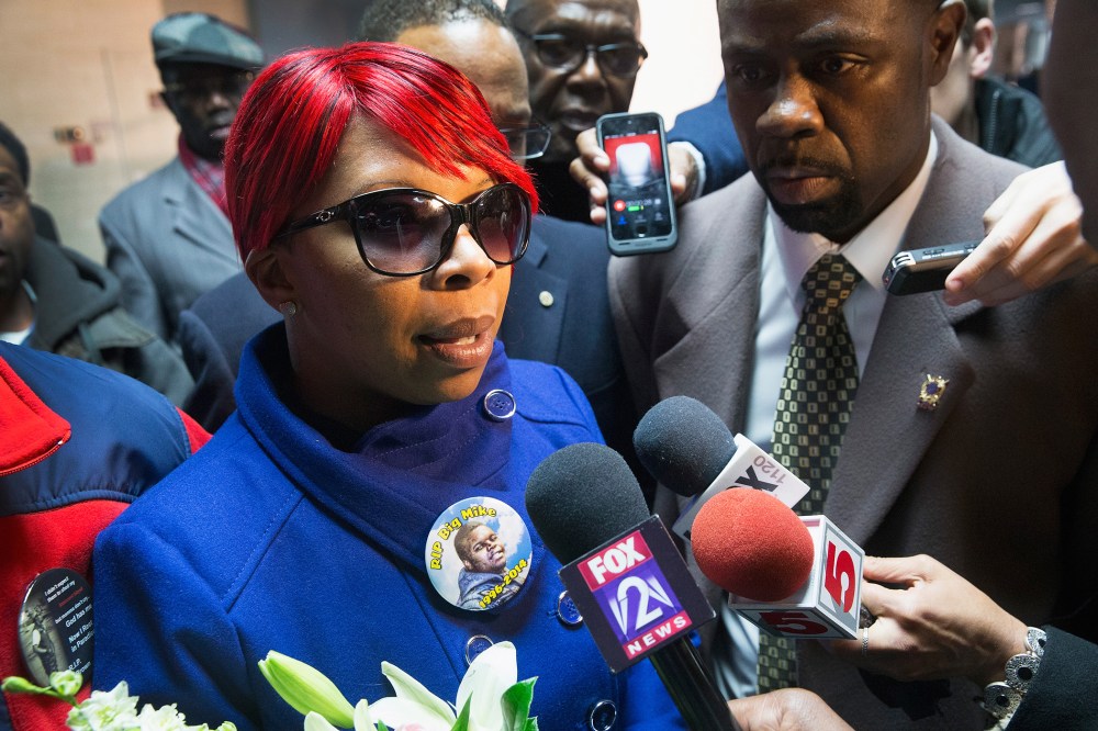 Lesley McSpadden, the mother of Michael Brown, speaks to the press after arriving back in the United States from Geneva, Switzerland where she addressed a United Nation's committee on torture on Nov. 14, 2014 in St. Louis, Mo. (Photo by Scott Olson/Getty)